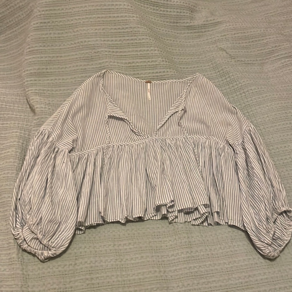 Light blue and white striped long sleeve blouse